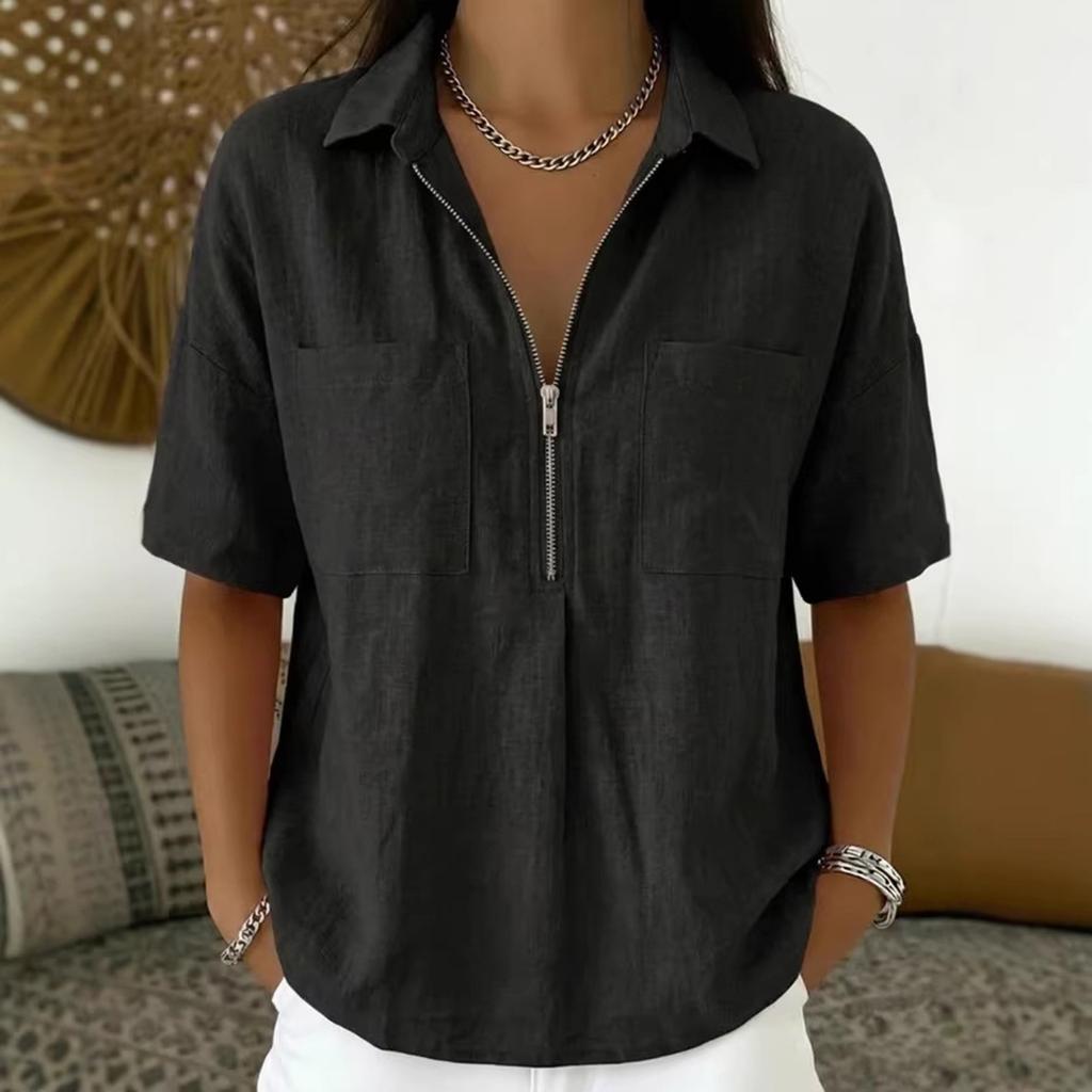 Women's Fashion Color Loose Collar Short Sleeve Casual Shirt V-neck Zipper Top