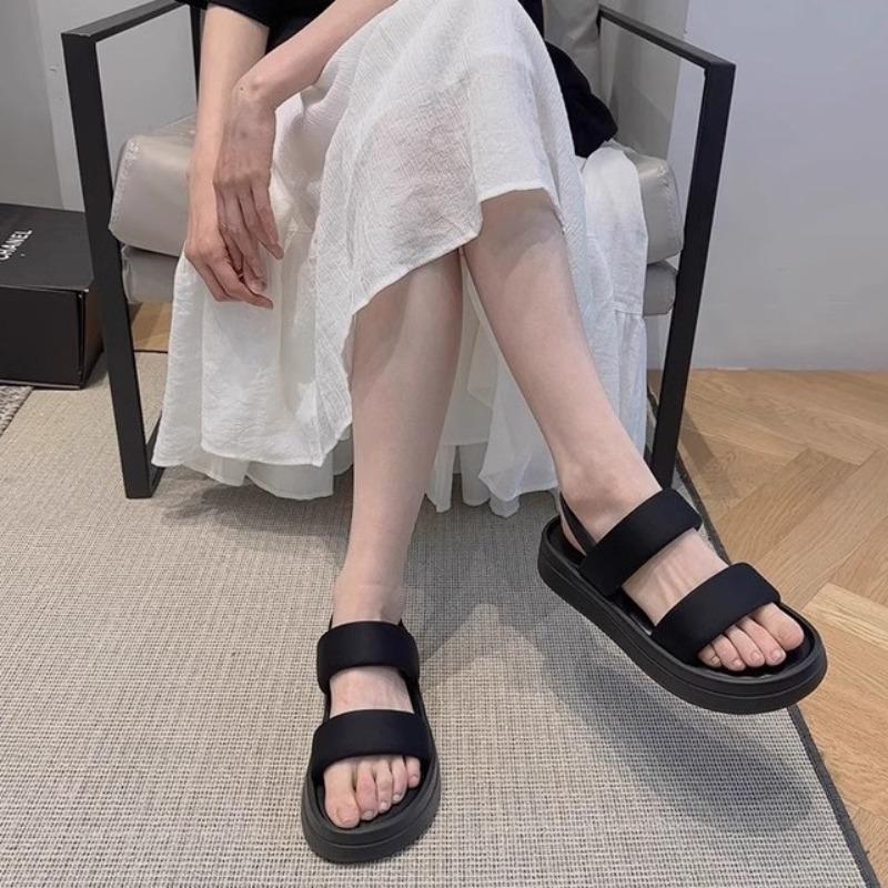 Schafsleder-Version~ Plateau-Sandalen für Damen-Sommerbekleidung, neues Ein-Wort mit Zehenfrei, vielseitige schwarze Strandschuhe
