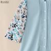 ZANZEA Women Floral Print Splice 3/4 Sleeve Loose Casual Blouse