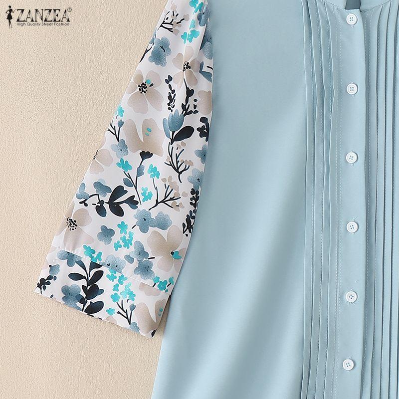 ZANZEA Women Floral Print Splice 3/4 Sleeve Loose Casual Blouse