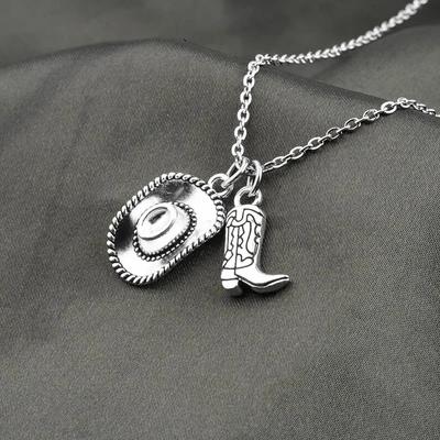 Fashion Antique Silver Color Cowboy Hat Cowgirl Boots Pendant Necklace for Women Party Punk Jewelry Gifts