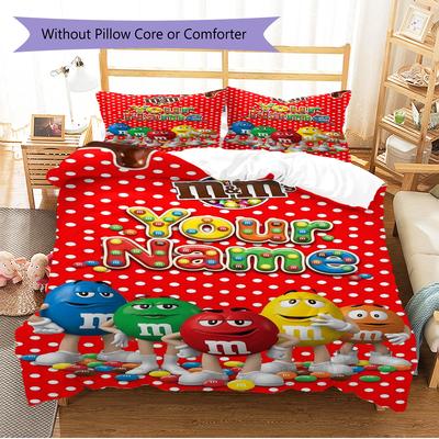 Name Custom Cute M&M Pattern Bedding Set Quilt Cover Pillowcase Home Decor Gift (1 * Duvet Cover + 2 * Pillowcase, Without Core)