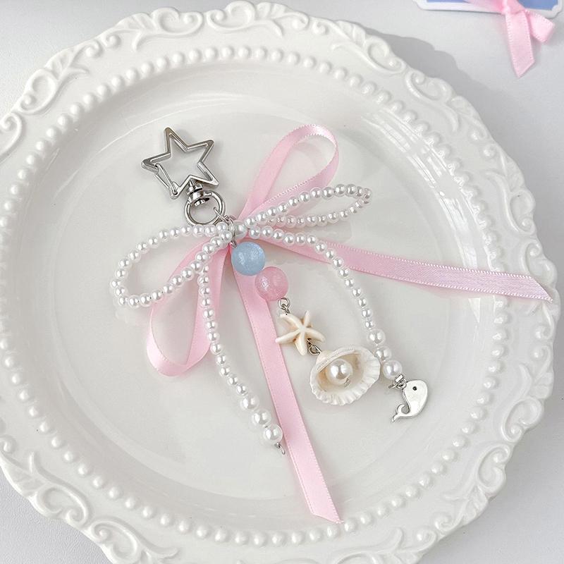 Pink Ribbon Bow Bag Pendant Pearl Shell Keychain Pendant Girly Heart Exquisite Pendant Bag Decor Keyring