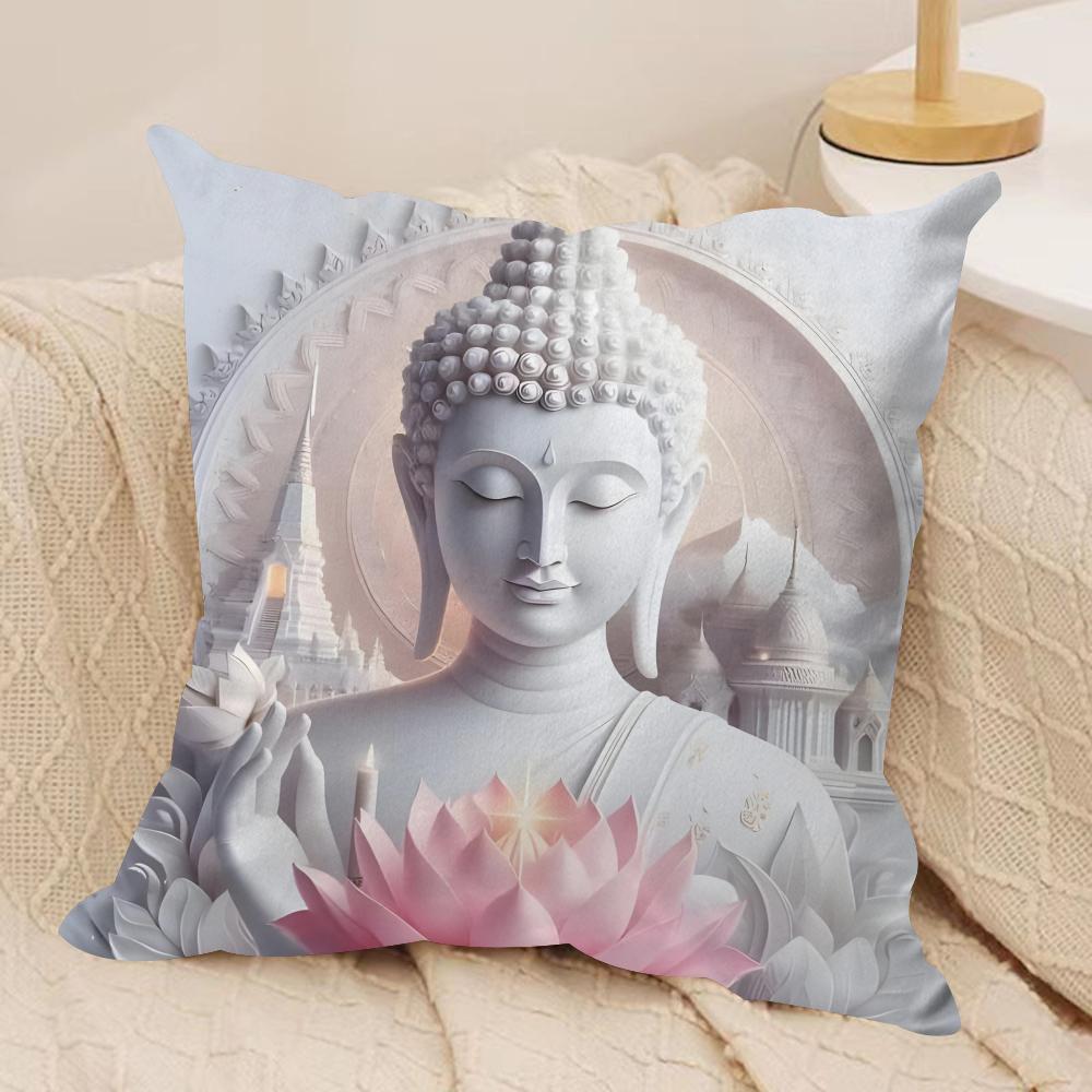 

Buddha statue and lotus Cushion Cover Silky Short Plush Sofa Pillow Cover Hidden Zipper Soft Dustproof Case for Home Decor 45cmx45cm