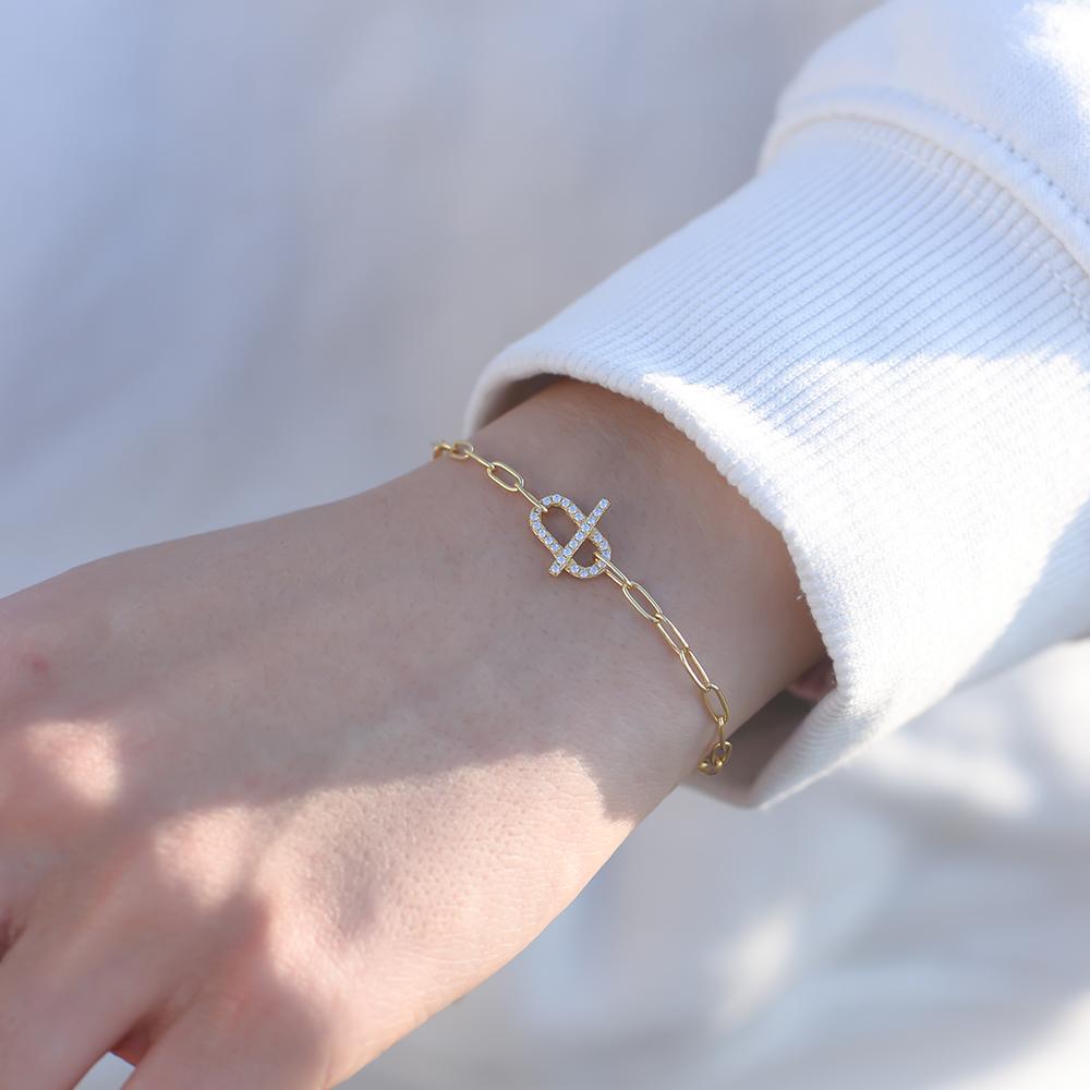 925 Sterling Silver Toggle Clasp Bracelet Gold Plated White CZ Geometric Chain Jewelry