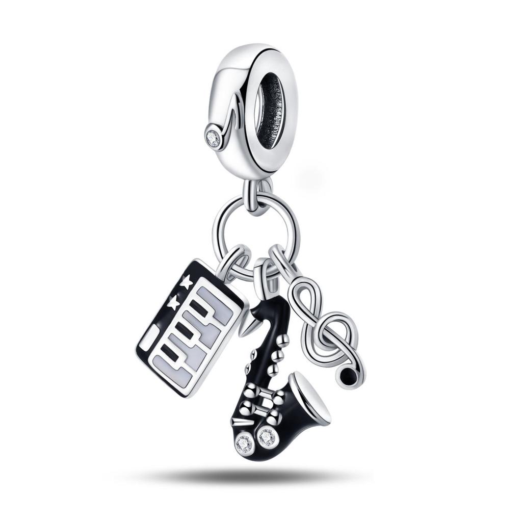 925 Silver Beaded Bracelet Headphones Tape Guitar Saxophone Pendant DIY Style Beaded Jewelry