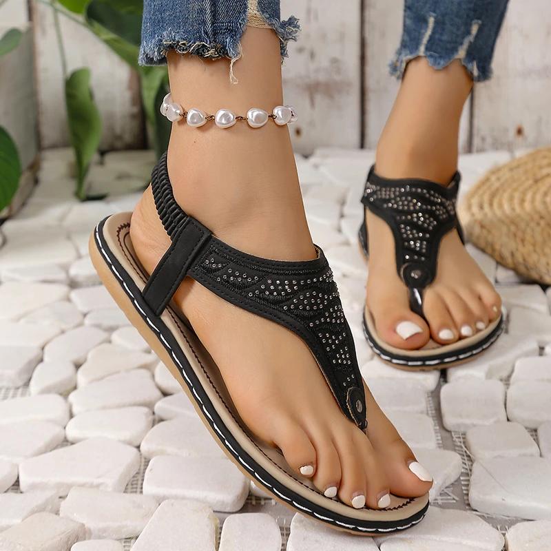 Mode 2024 Übergröße Damen Schuhe Zehentrenner Damen Sandalen Outdoor Freizeit Sandalen Damen Kristall Runde Zehenpartie Keil Elastikband Schuhe Damen