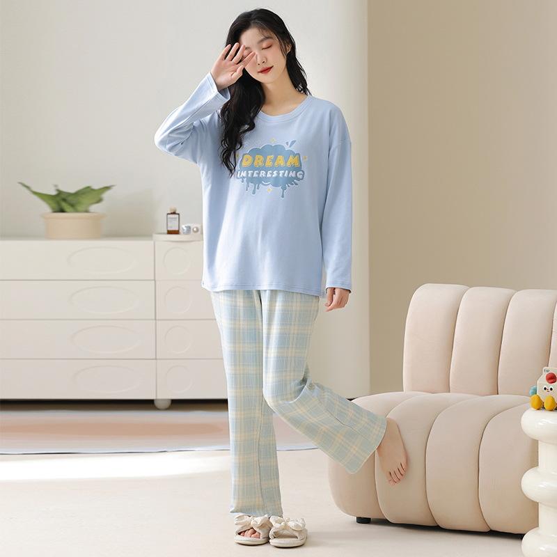 Pure cotton pajamas women's spring and autumn 1011 new autumn long-sleeved loose self-brought chest pad homewear tied foot set