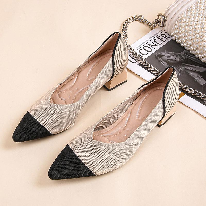 Spring and Autumn New Weaving Fly Knitting Breathable Sleeve Pointed Women's Thick High Heel Single Shoes