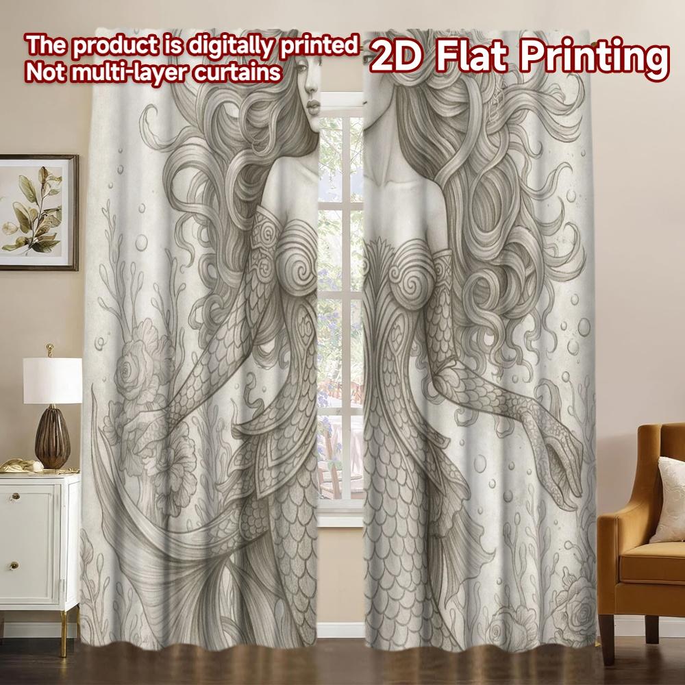 2D FLAT PRINTING 2pcs Curtains (Without Rod) Mermaid with Flowing Hair Light Filtering Popular Curtains Versatile 100% Polyester
