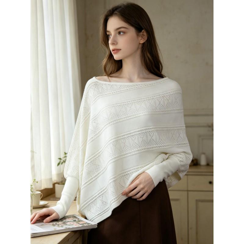 Womens French Style Off-Shoulder Knit Sweater With Hollow Floral Loose Batwing Sleeve Pullover