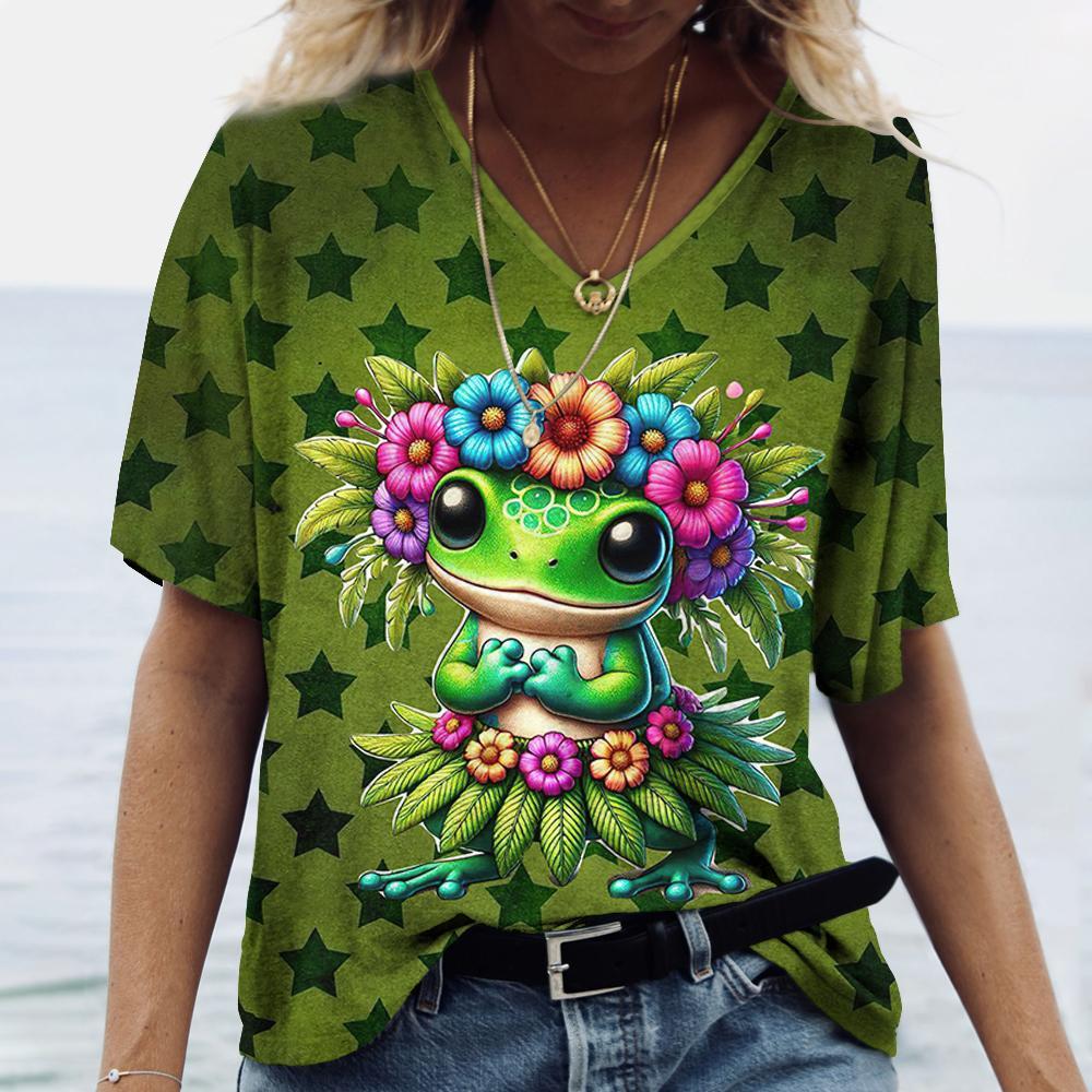 

Жіноча футболка з принтом жаби та квітковим візерунком, для вулиці, у стилі ретро, повсякденна, оверсайз, літня жіноча футболка 5xl