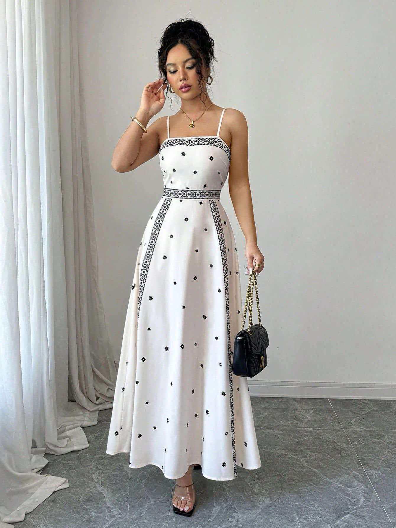 Elegant Spaghetti Strap Waist-cinching White Print A-line Off-the-shoulder Dress for Women L