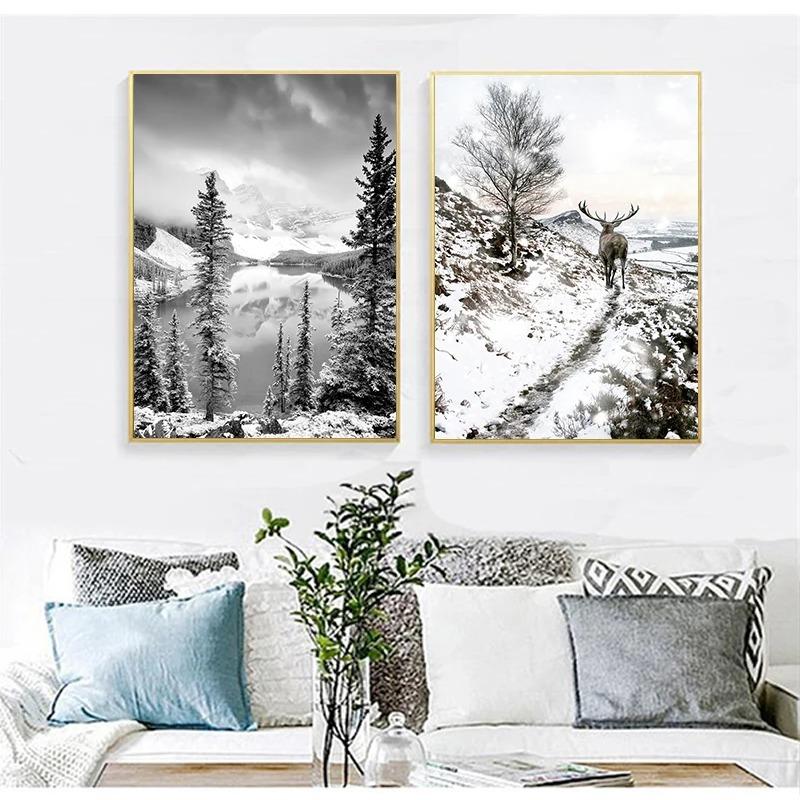 Scandinavian Nature Winter Landscape Poster Print Mountain Forest Canvas Painting Deer Wall Art Picture Nordic Style Home Decor