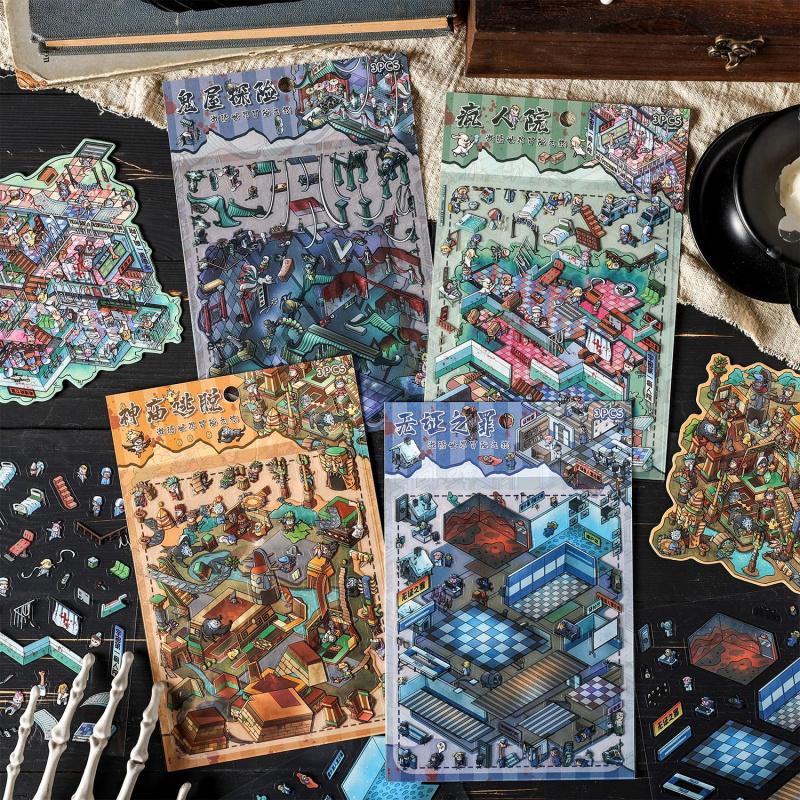 3D-Szenen-Sticker im Micro-Horror-Stil, Gruselige dimensionale Aufkleber für Journal & DIY-Bastelarbeiten