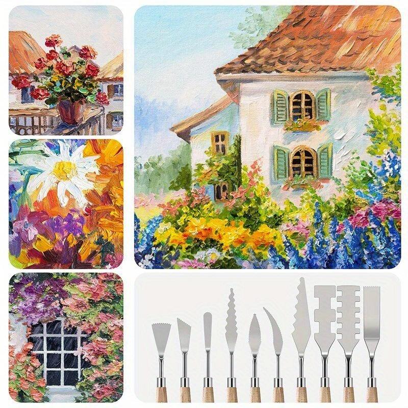 10Pcs/Set Painting Knives with Wood Grip Handle Stainless Steel Palette Knife Set Oil Painting Metal Knives Color Mixing Scraper