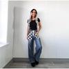 Women Jeans Wide Leg Long Pants Plaid Print Casual Lace Up Elastic Waist Straight Trousers Y2k Streetwear 2025 Mom Denim Pant