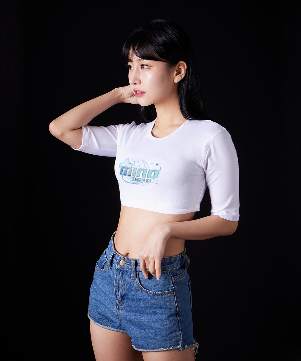 Astral Projection Mind Travel Supima Spandex 5-Quarter Sleeve Short Crop Top_White Free