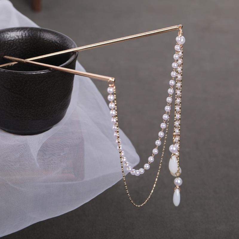 Doppelketten-Haargabel Perlenquaste Haarstab Nunchaku Haarnadel Chinesischer Stil Retro Haaraccessoires für Hanfu Tiaras Ornamente