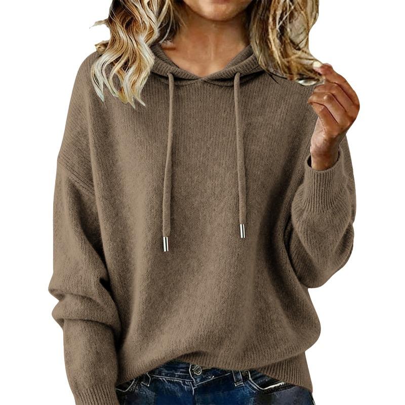 Women S Loose Fit Hooded Knit Pullover Sweater Long Sleeve Solid Color