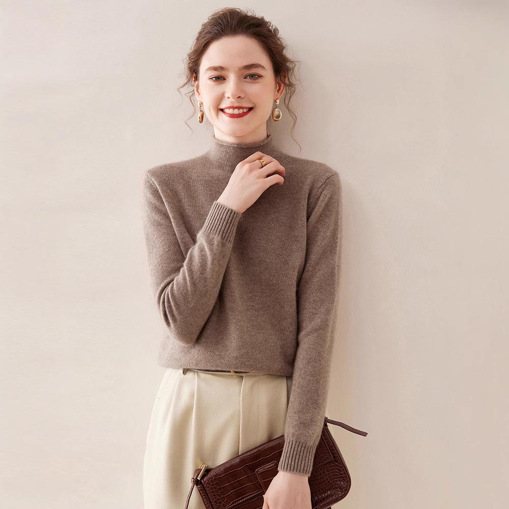 Autumn-Winter Women's Cashmere Sweater: Solid Color, Half High Roll Neck, Seven Stitches, Double Strand, Thickened Design