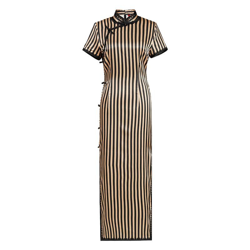 1011 summer new silk women's cheongsam long high-end mulberry silk improved Chinese retro black striped daily