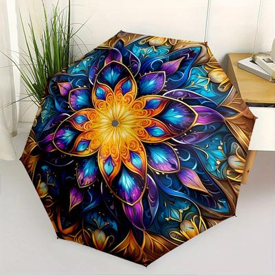 Mandala, Abstract Art Automatic Folding Umbrella  Simple Eight Rib Design, Bright Color Pattern, Durable Iron Frame, Ideal for Travel and Ou