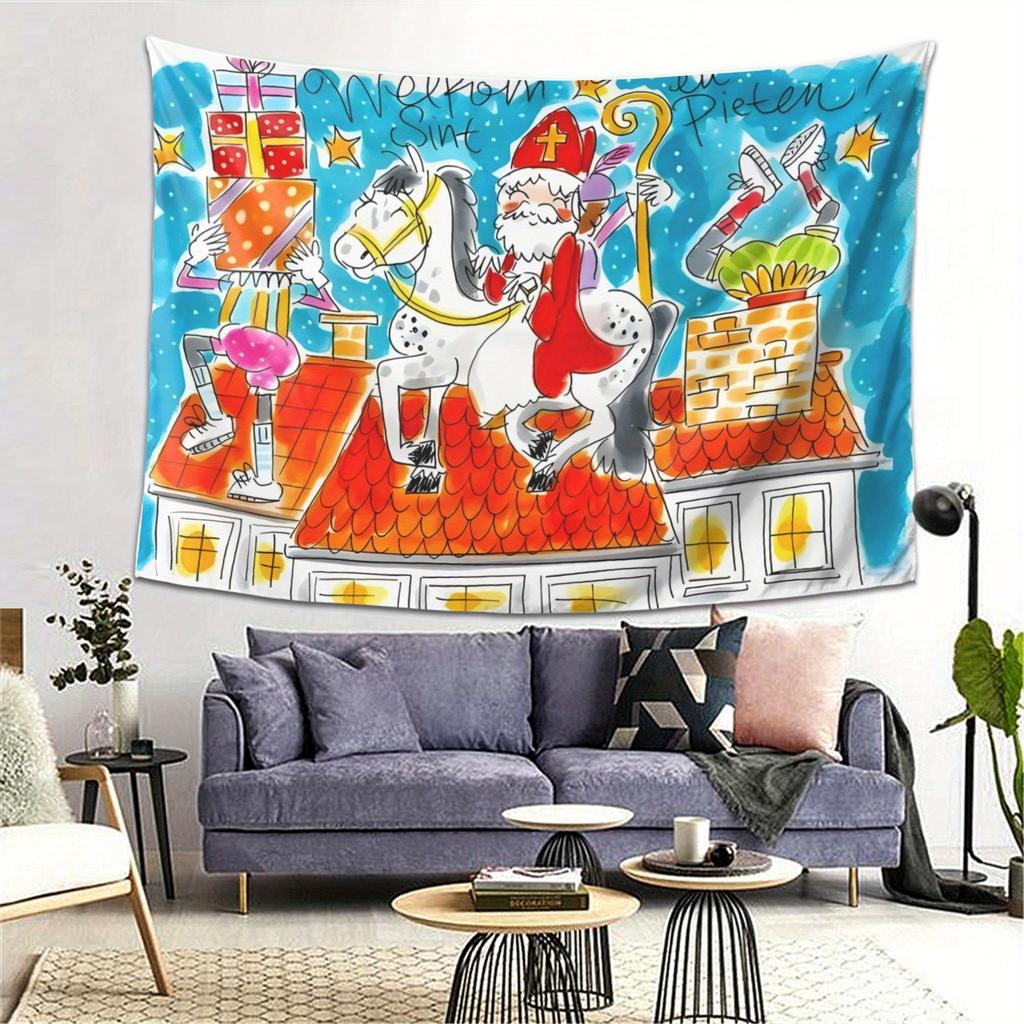 VIKAMA Christmas Tapestry Saint Nicholas and Piet Print Bedroom Entryway Feature Wall Decor Tapestry Home Decor