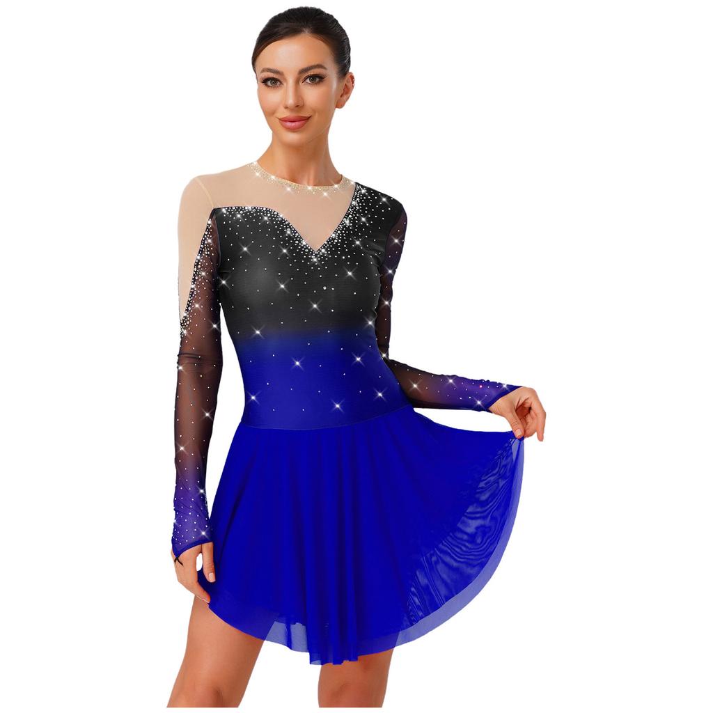 Womens Figure Skating Costume Sparkly Rhinestones Mesh Patchwork Built In Briefs Gradient Color Dresses