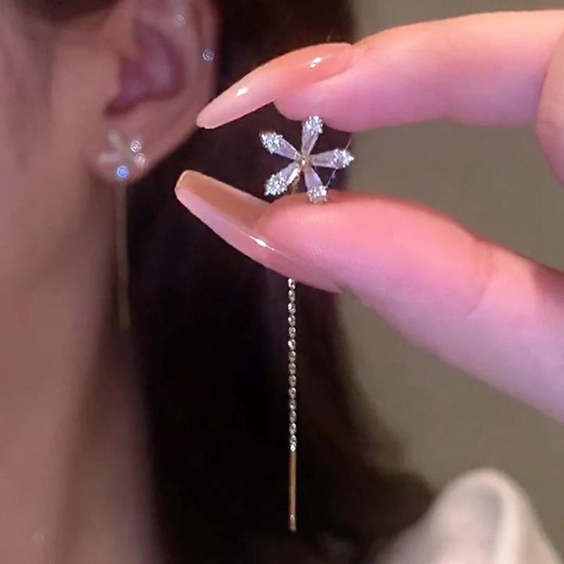 S925 Silver Needle Micro-inlaid Zircon Flower Ear Line Exquisite Light High Quality Drop Earring Star Jewelry Gifts