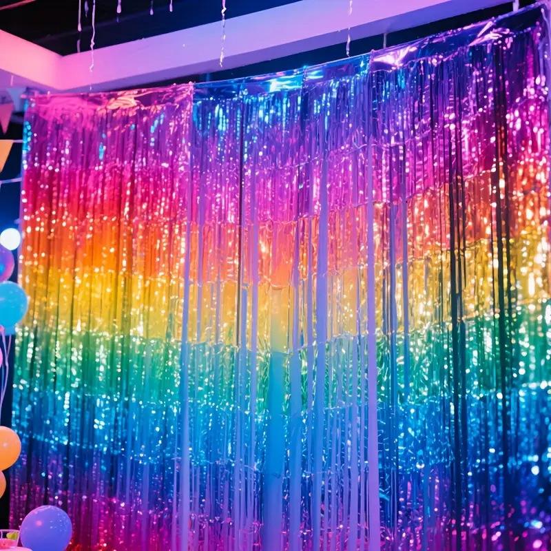 1Pc Christmas, Birthday Party Sparkly Rainbow Gradient Tinsel Foil Fringe Curtain Backdrop Thicken Glitter Rainbow for Birthday Disco 80s 90s Party
