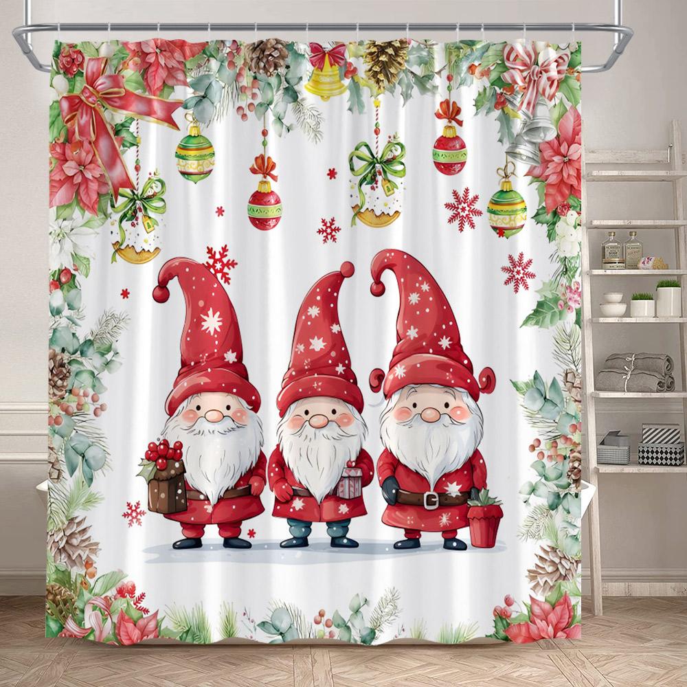 Winter Christmas Shower Curtains Funny Santa Claus Reindeer Snowman Red Xmas Balls Snow Home Bathroom Curtain Decor With Hooks