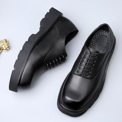 Square Head Casual Leather Shoes Men's High-end Sense Thick-soled Niche Design Spring and Summer Trend Breathable Heightening Derby Shoes