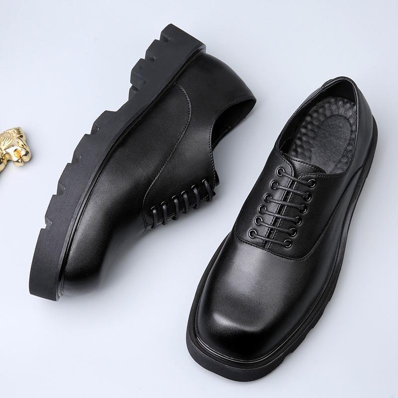 Square head casual leather shoes men's high-end sense thick-soled niche design spring and summer trend breathable heightening derby shoes