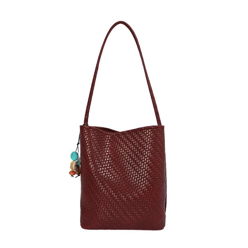 2026 Summer Korean Minimalist Woven Texture Bucket Bag - Large Capacity, Solid Color, Single Shoulder & Handheld