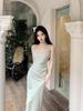 Elegant Satin Square Neck Pleated Camisole Bodycon Dress - Women's Slim Fit Long Summer Dress, New Arrival.