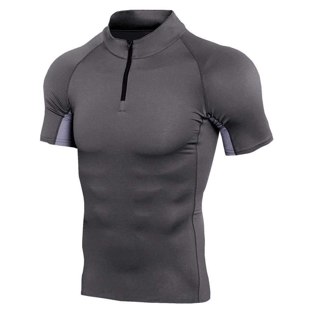 Men's Stand Collar Zipper Fitness Short Sleeve Training Stretch T-shirt Sports Quick-drying Clothes