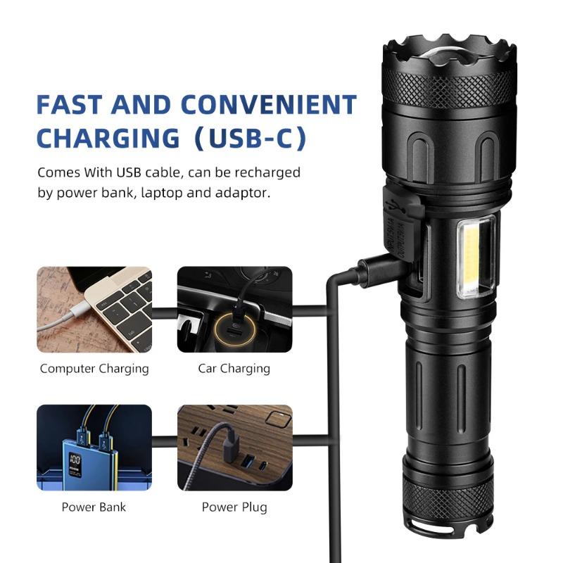 XHP160+COB Strong Light Torch Outdoor TYPE-C USB Rechargeable Flashlight Aluminum Alloy IPX5 Waterproof LED Lamp With Side Light