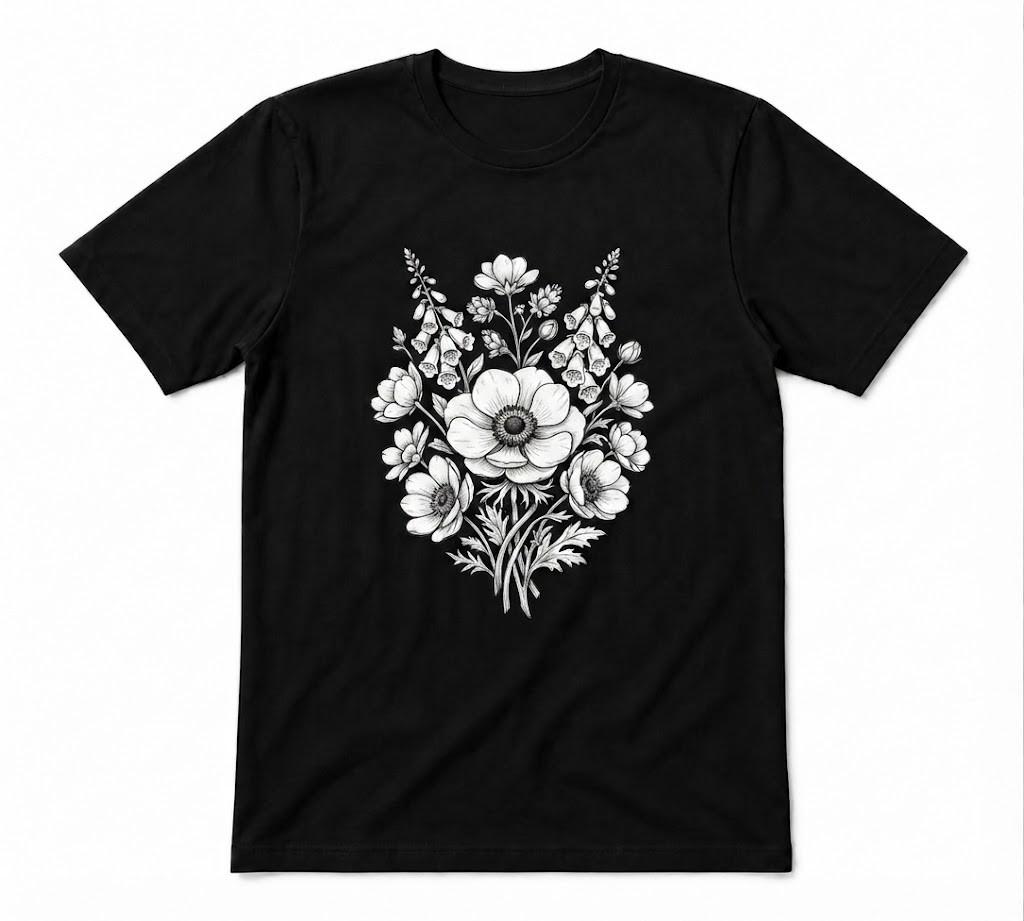Floral Look Botanical Wildflower Flower Nature Lovers Graphic Tee Black T-shirt