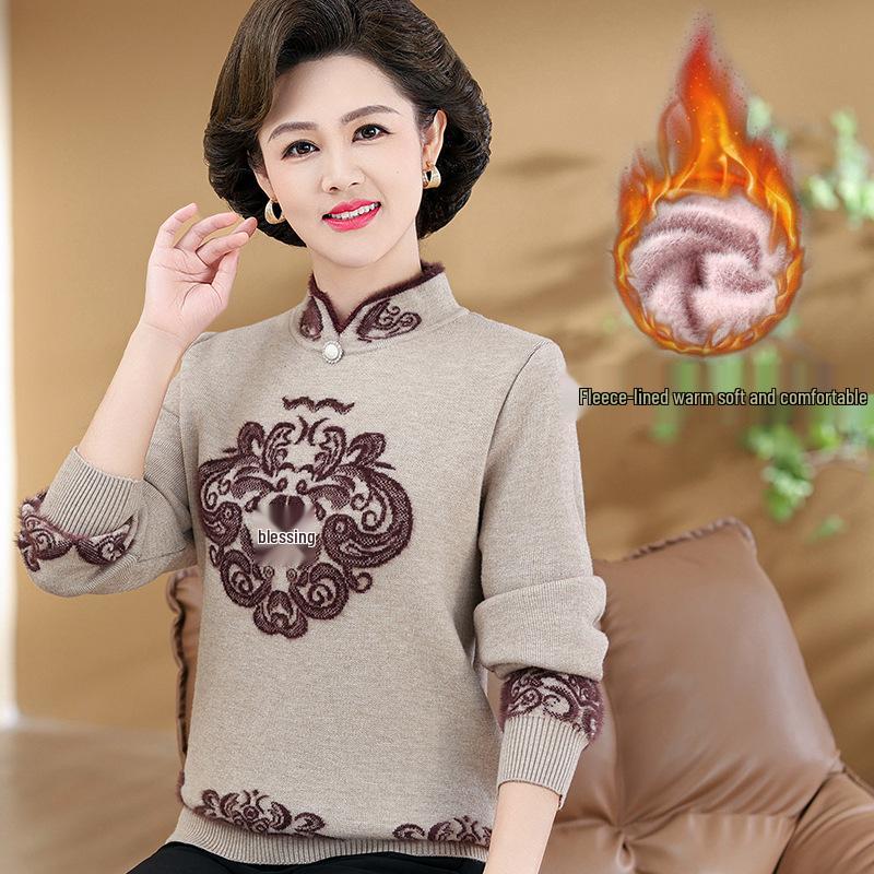New Autumn/Winter Jacquard Knitwear: Thickened Fleece Sweater for Middle-Aged & Elderly Women, Plus Velvet, Perfect as Base Layer or Mom's Wear.