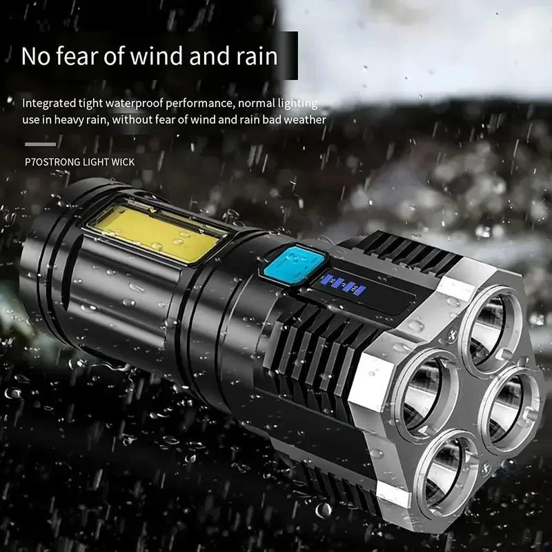 Powerful LED Flashlight with 4 LED Beads and COB Side Lights – USB Rechargeable, Waterproof Torch with 4 Modes for Camping, Hiking, Work