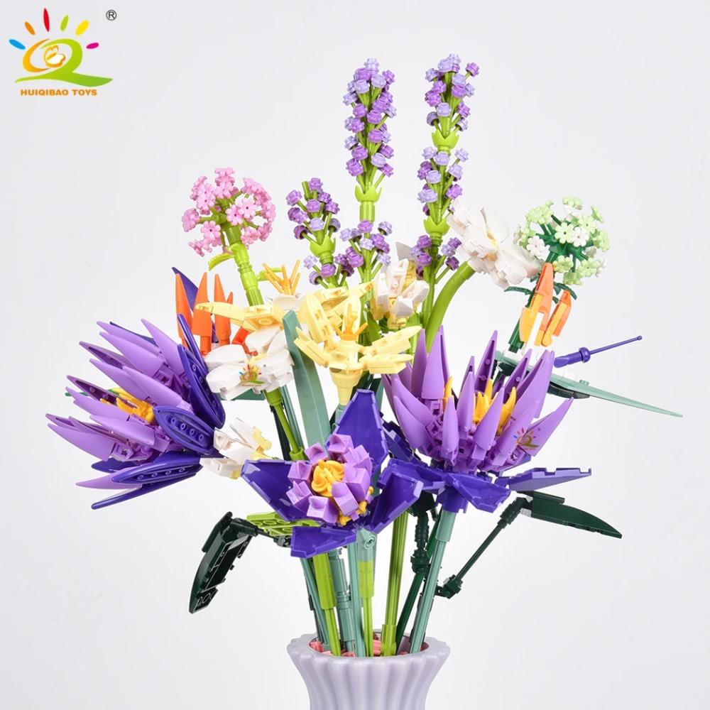 HUIQIBAO MOC Flower Model Building Blocks 3D Bouquet Plants Sunflower Rose Bricks Kits Children DIY Educational Toys Home Decor
