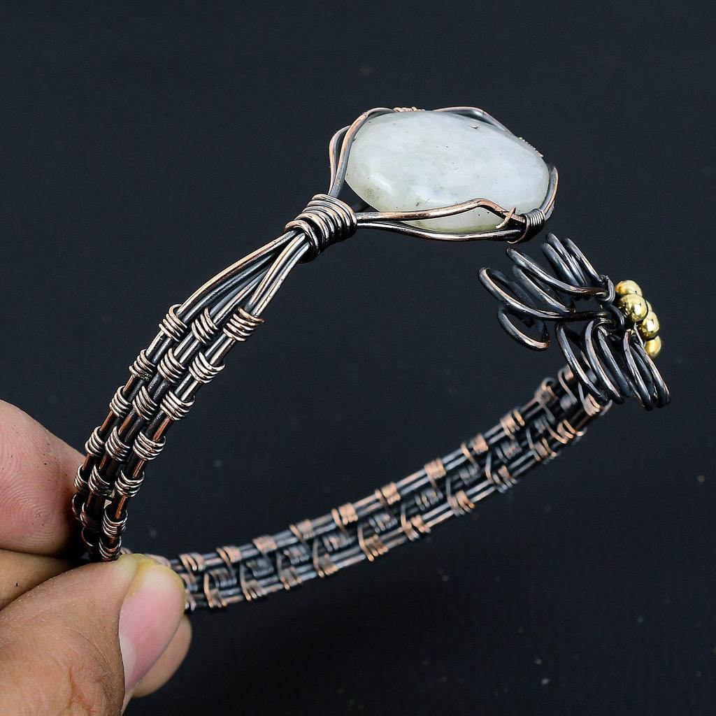 Moonstone Bangle, Handmade Gemstone Bangle, 999 Copper Wire Wrapped Antique Jewelry, For Engagement Gift