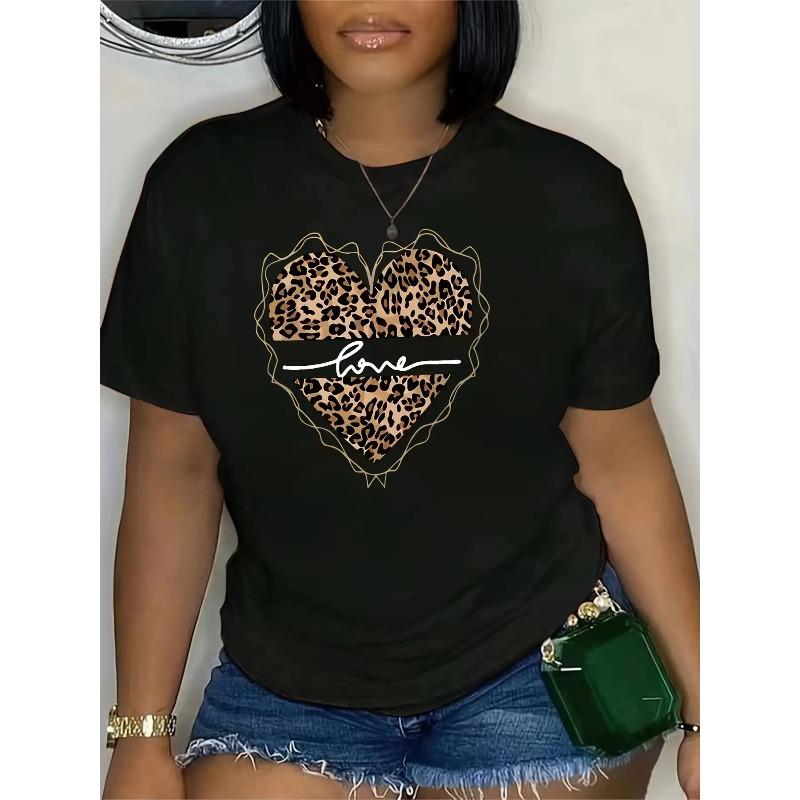 

Женская черная футболка с леопардовым принтом, надписью «Сердце и Любовь», круглым вырезом - Всесезонный топ, с золотым акцентом в надписи, Повседневный комфортный крой S чёрный