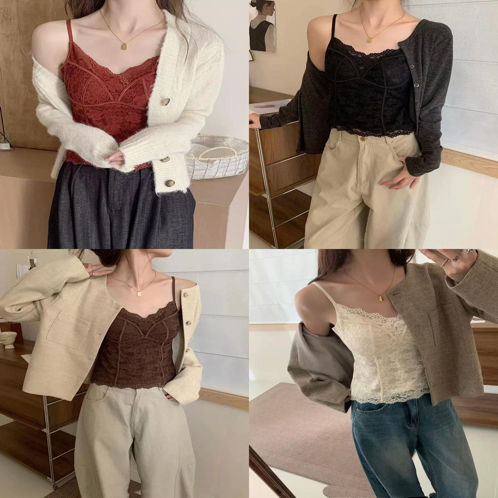 Cotton Winter Fall French Lace Camisole With Fixed Padded Cups For Women