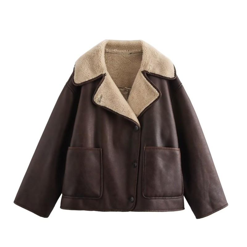 Womens Faux Fur Collar Long Sleeve Jacket In Solid Colors - Streetwear Style Regular Fit Mid-Length