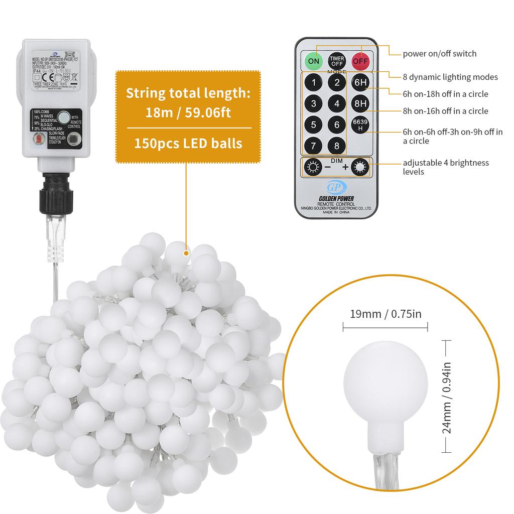 Tomshine Plug-in Globe String Lights 18m/59.06ft 150 LEDs Ball Fairy Light with Remote Control
