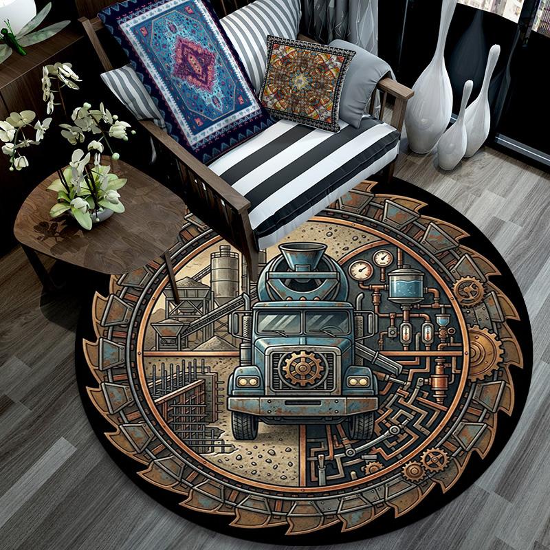 Industrial Gear Truck Art Round Area Rug Under Office Chairs Bedroom Living Room Home Decor 80cm x 80cm