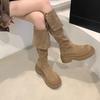 Thick-soled tall knight boots, new suede two-through knee boots, retro versatile imitation leather boots for women
