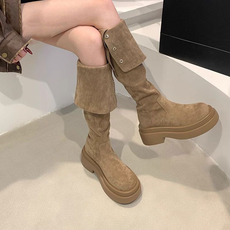 Thick-soled tall knight boots, new suede two-through knee boots, retro versatile imitation leather boots for women